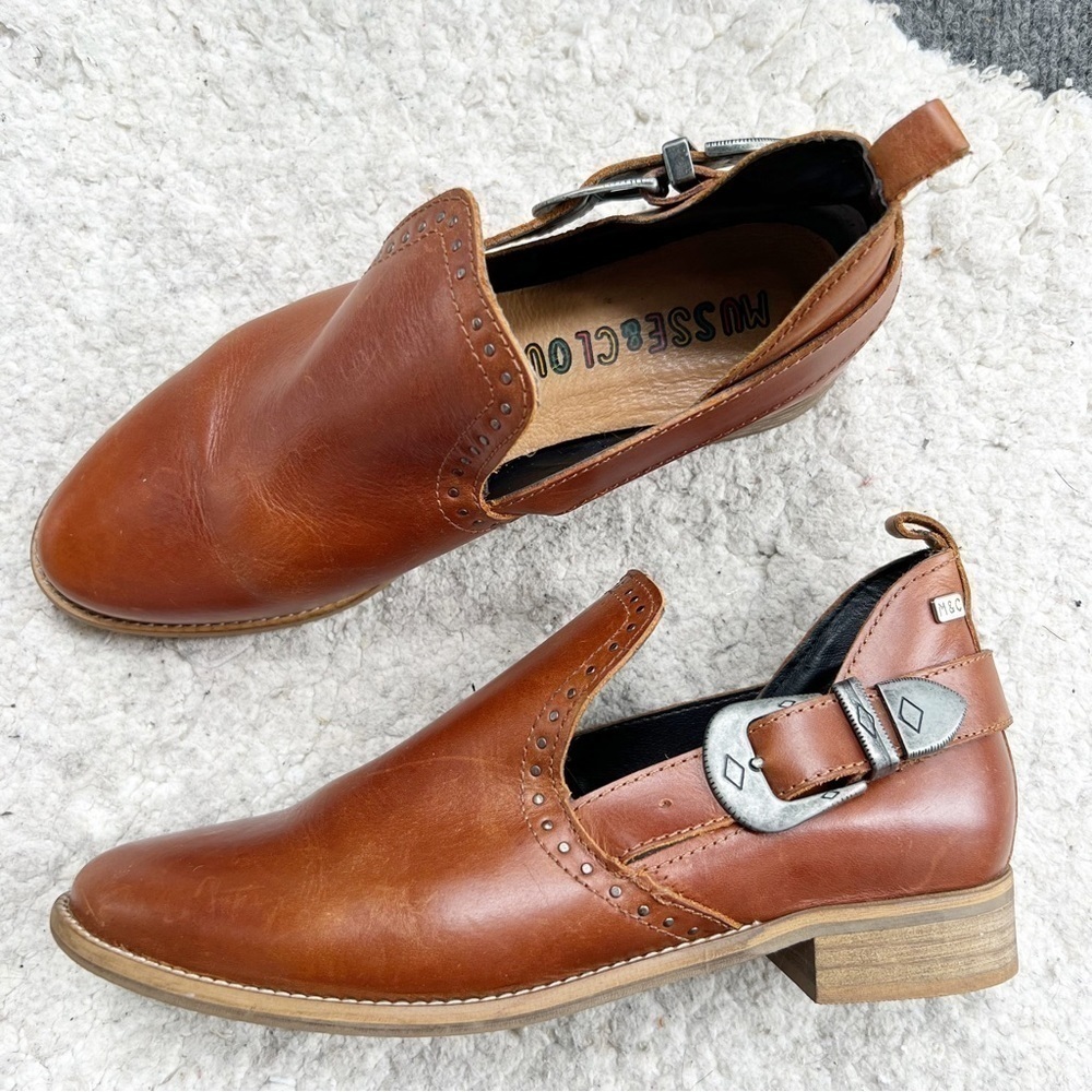 Musse & Cloud: Cognac Leather Slip On Gypsy Western Metal Buckle  Ankle Booties